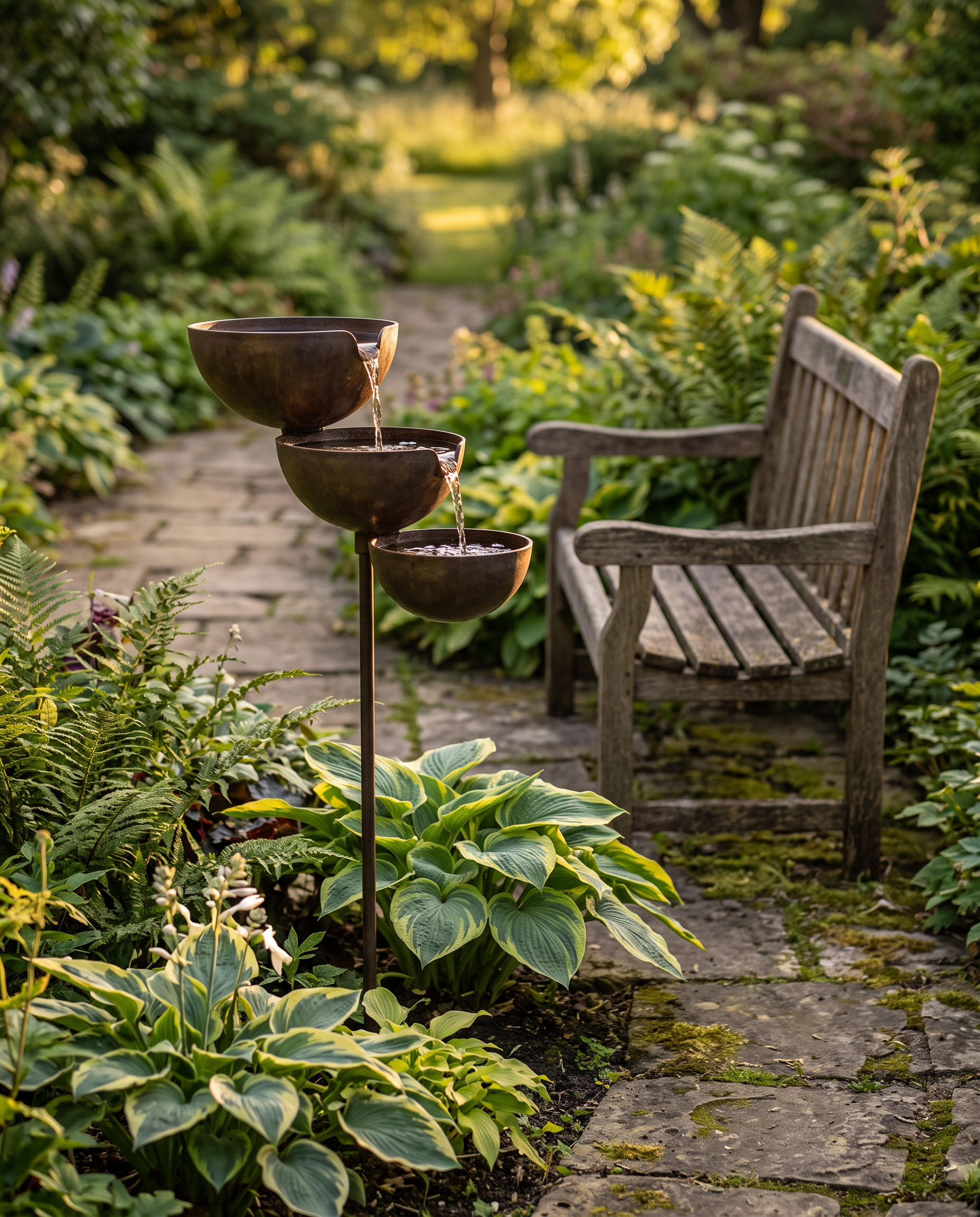 Tiered bird bath beside a stone garden path at golden hour