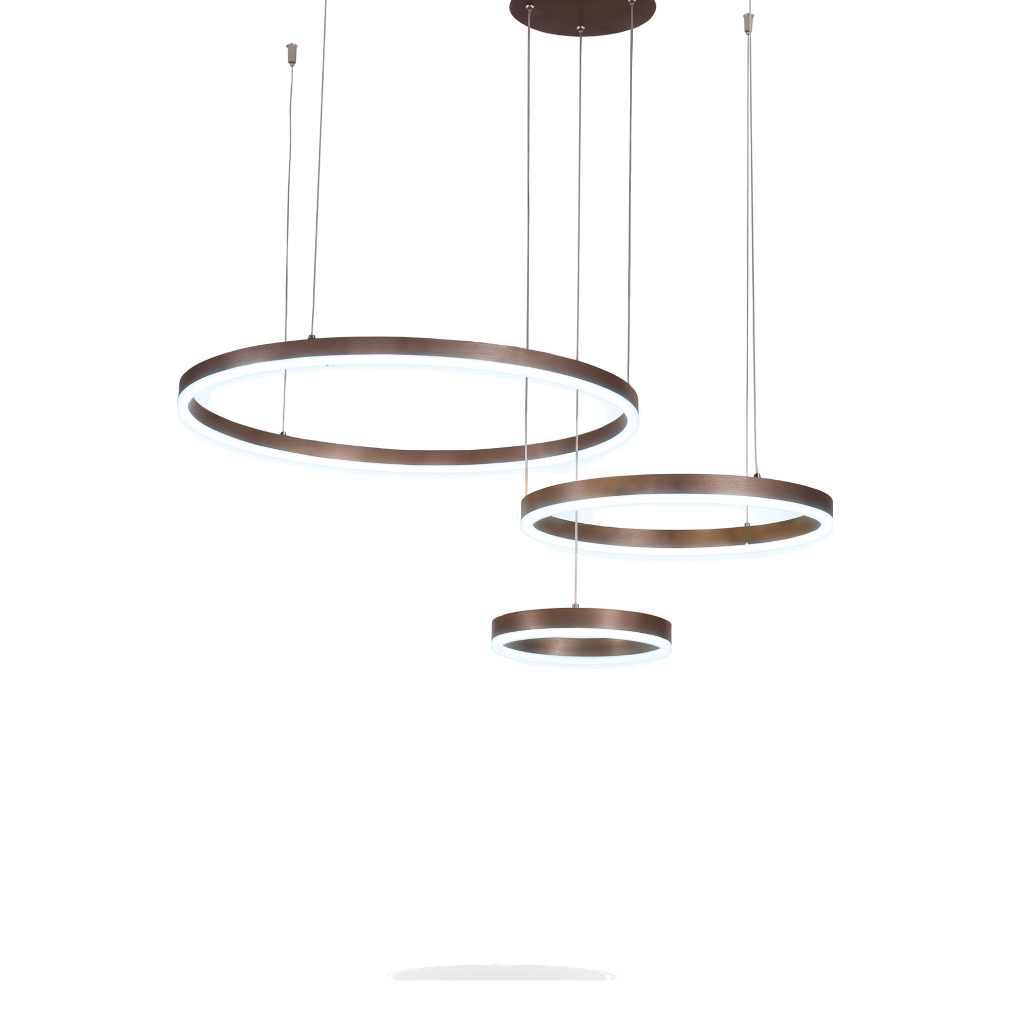 Coffee brown three-ring pendant light, daylight white