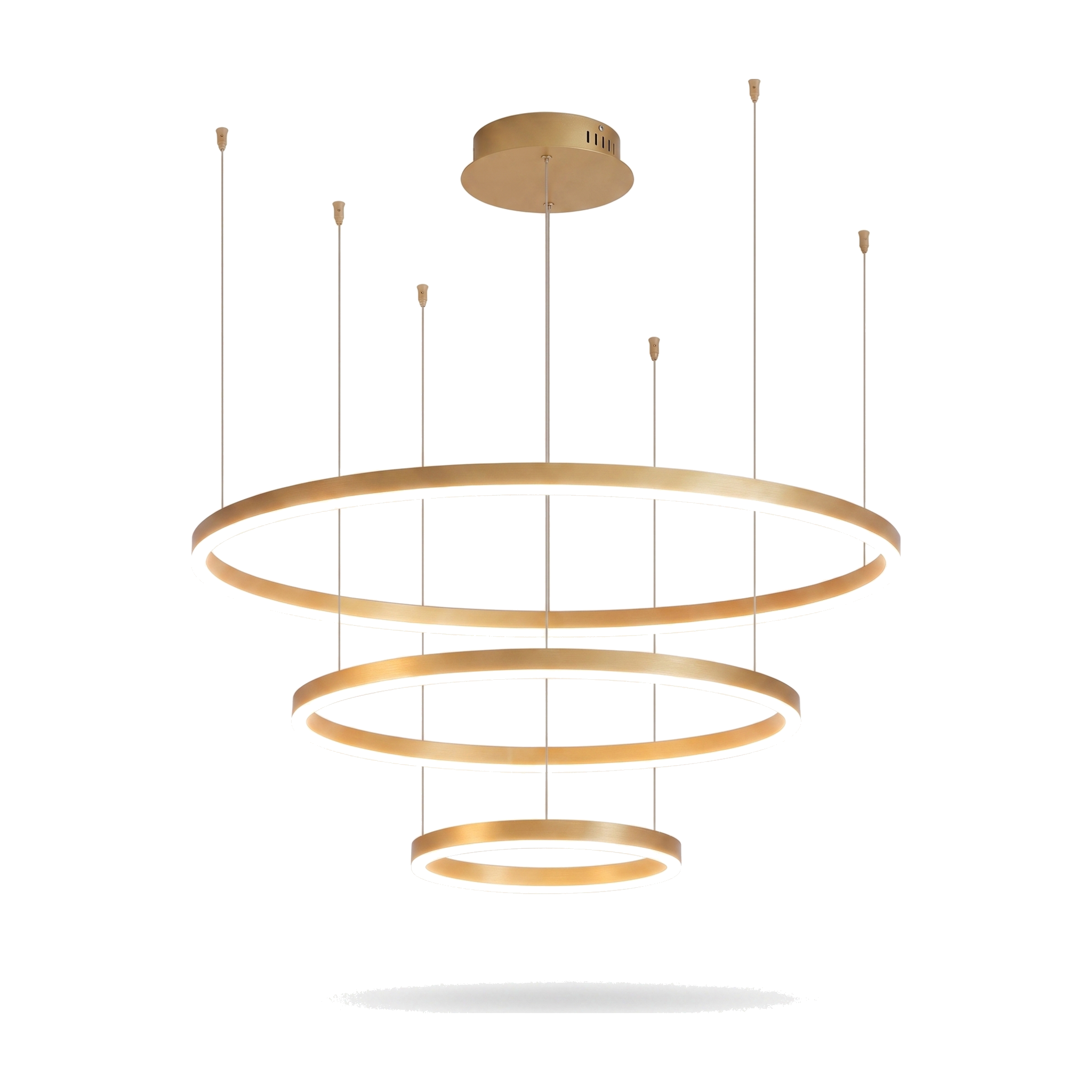 Gold three-ring pendant light, warm white
