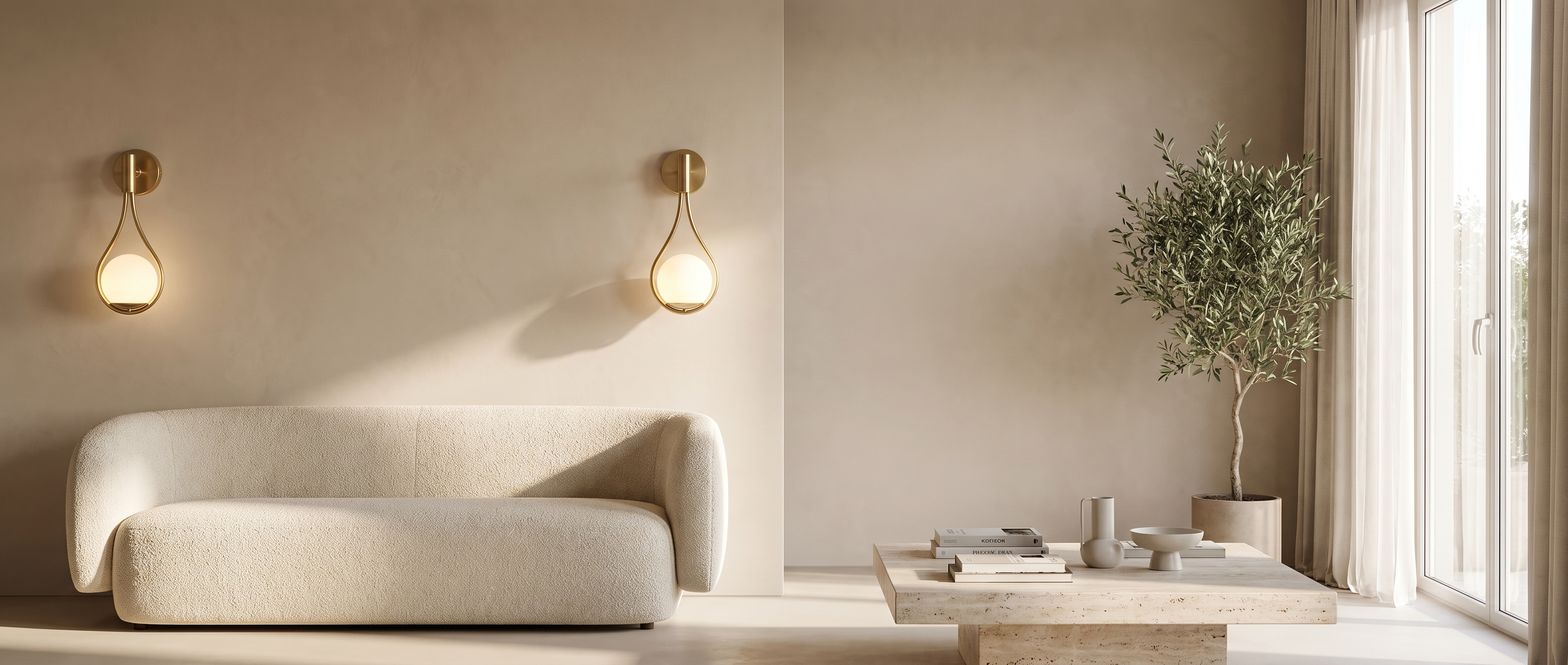 Pair of gold Lacrima Opalina globe wall sconces flanking a bouclé sofa in a bright living room