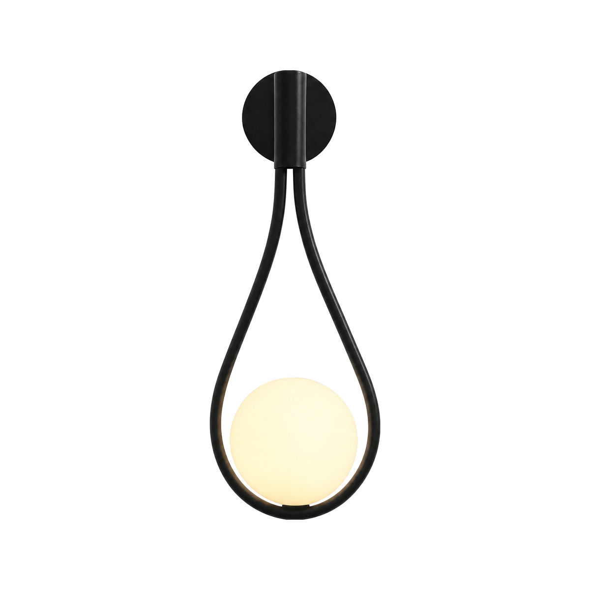 Lacrima Opalina globe wall sconce in matte black, lit, on a white background