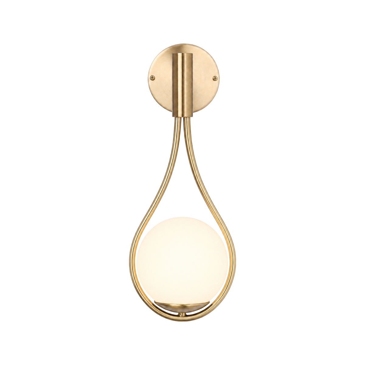 Lacrima Opalina globe wall sconce in brushed gold, lit, on a white background