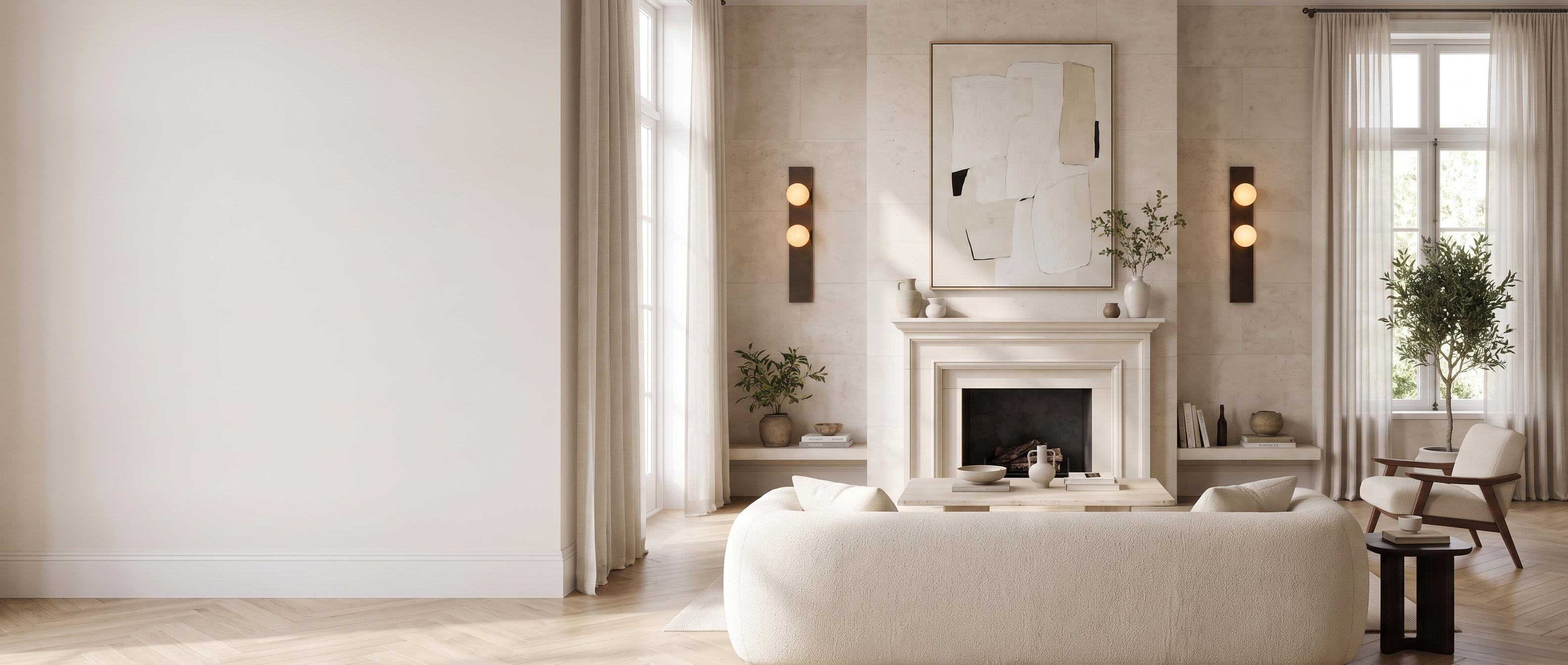Lume Velato alabaster wall sconces in a bright living room