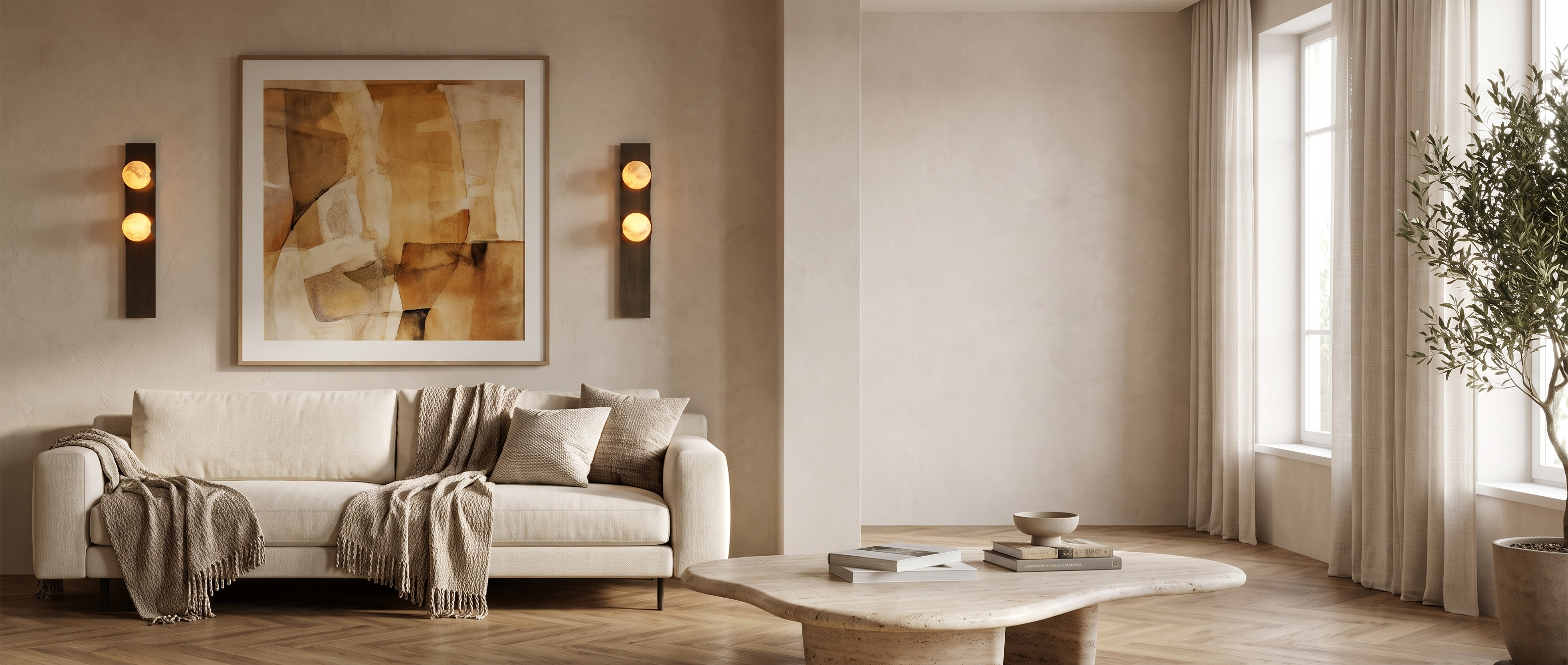Pair of Lune Gemelle alabaster wall sconces flanking art above a sofa in a bright living room