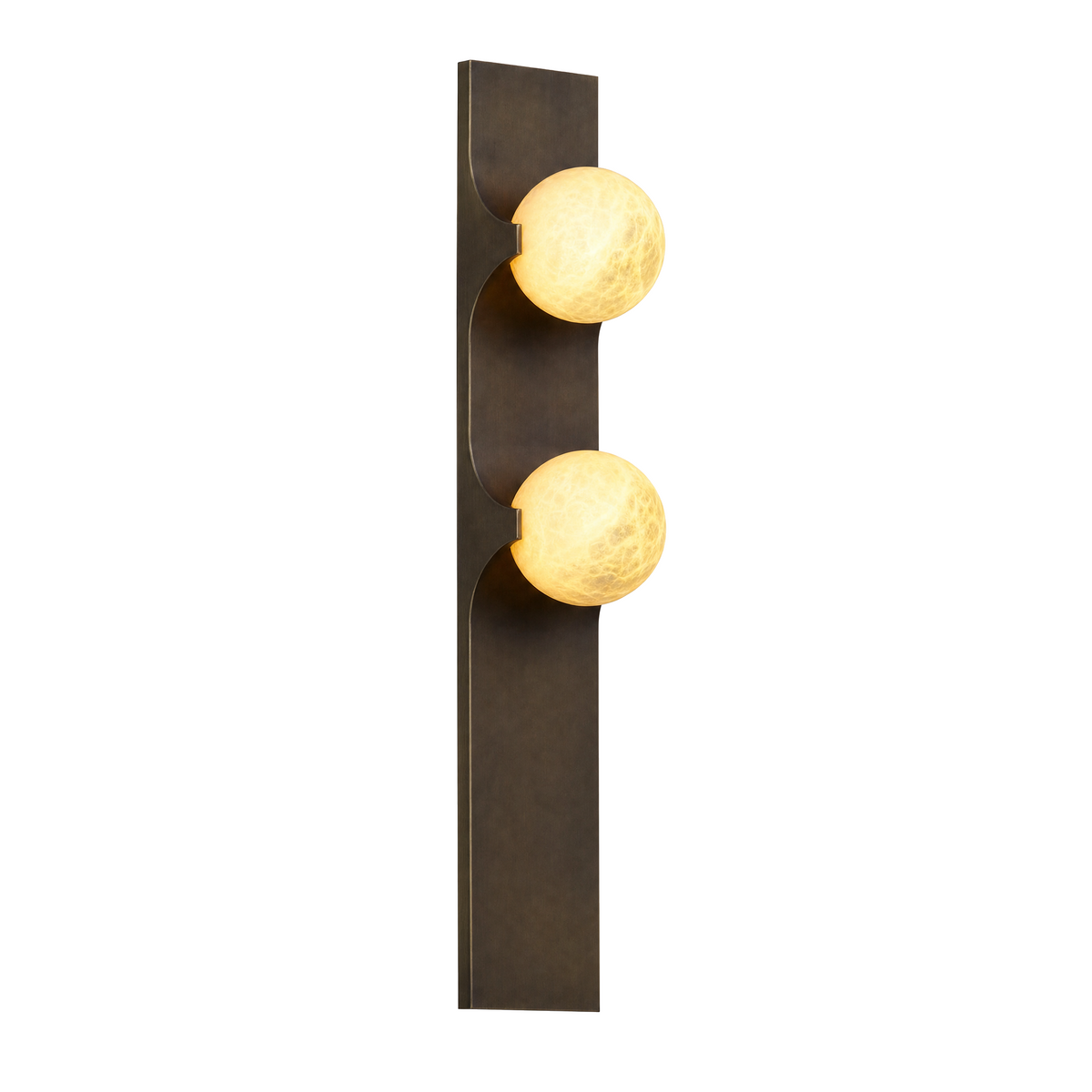 Lune Gemelle brushed brass wall sconce with two lit alabaster spheres on a white background