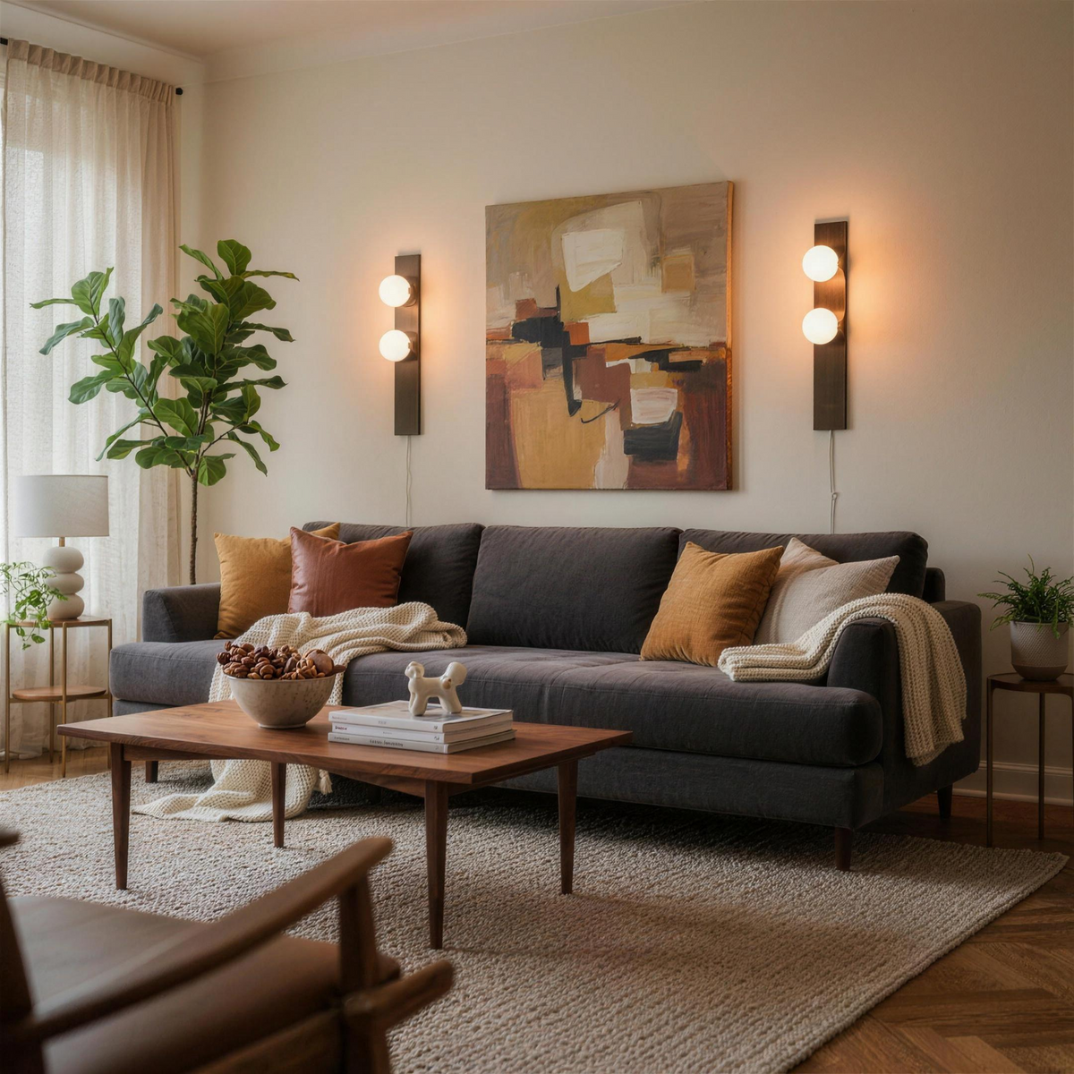 Pair of alabaster wall sconces flanking art above a sofa in a living room