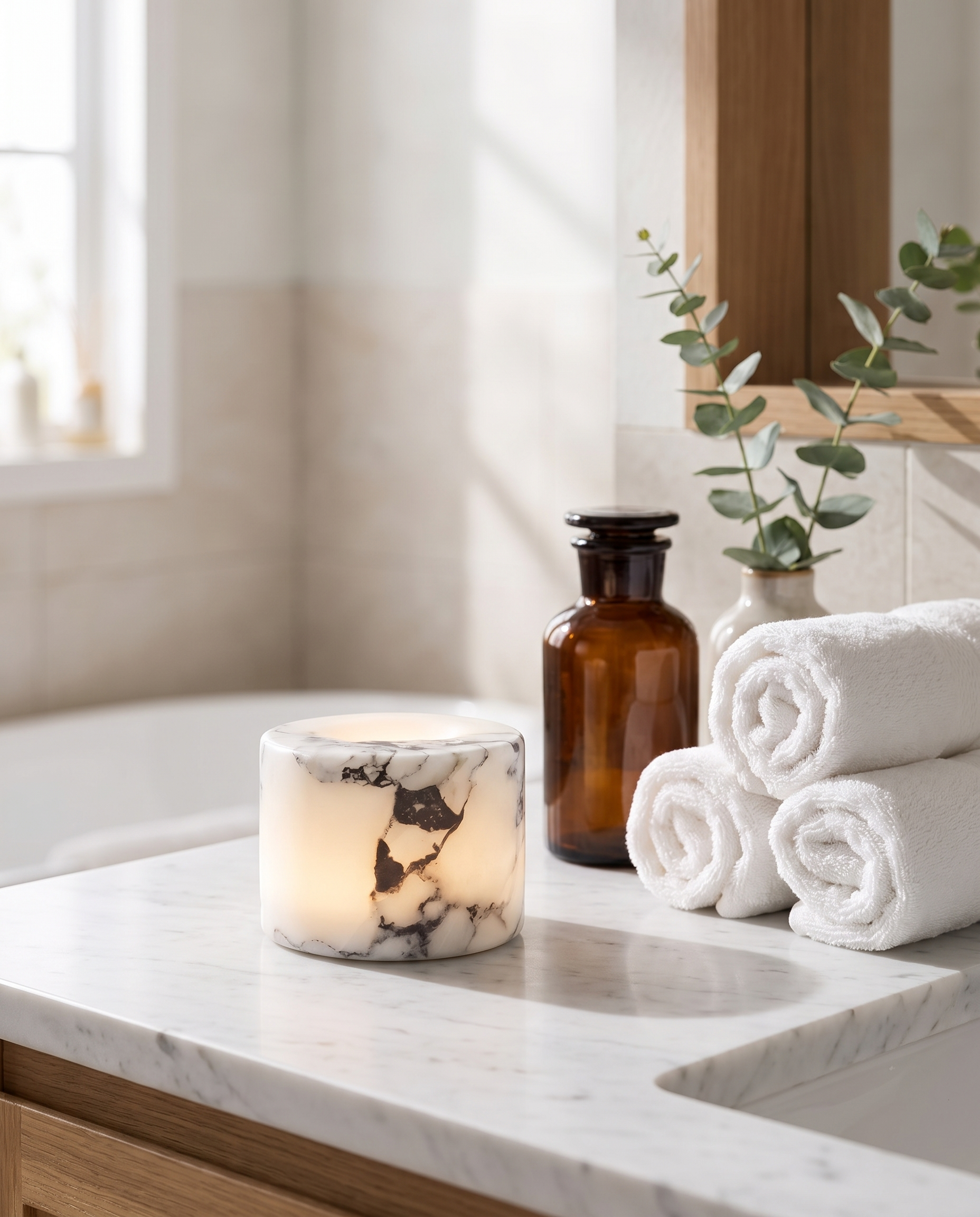 Marble mood lamp on a spa-like marble bathroom vanity with towels and eucalyptus