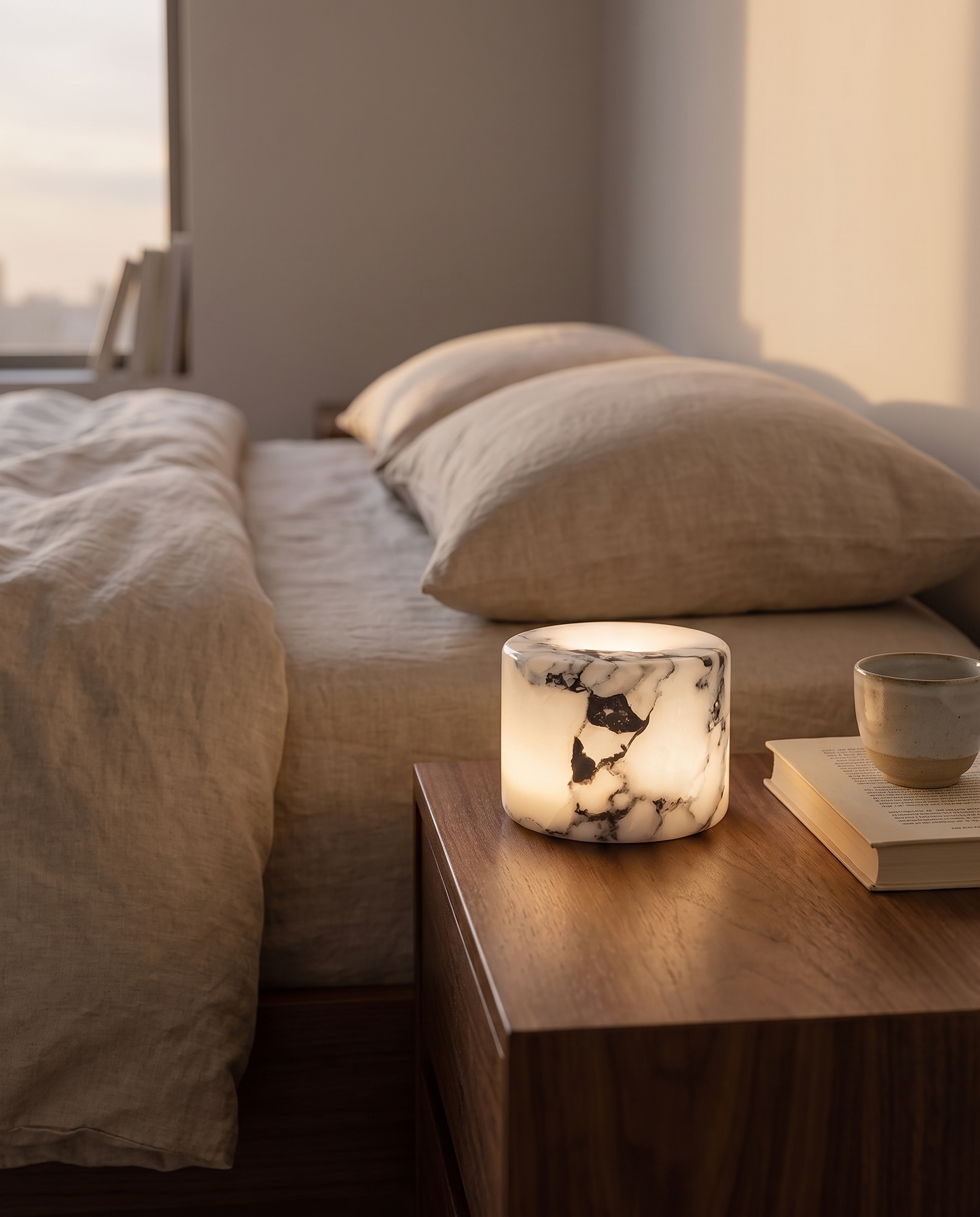 Marble mood lamp glowing warm on a walnut nightstand in a serene bedroom