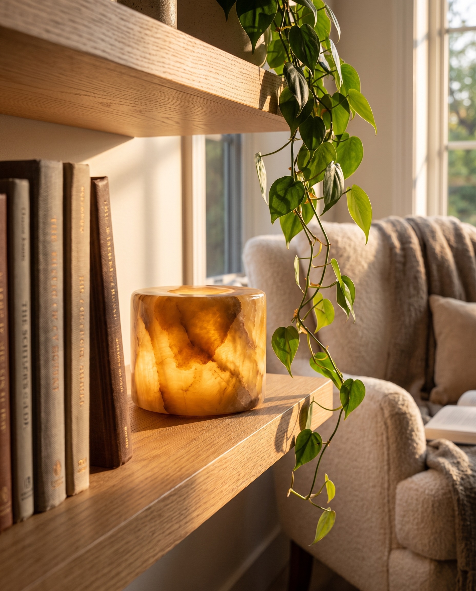Honey marble mood lamp on an oak bookshelf in a warm reading nook