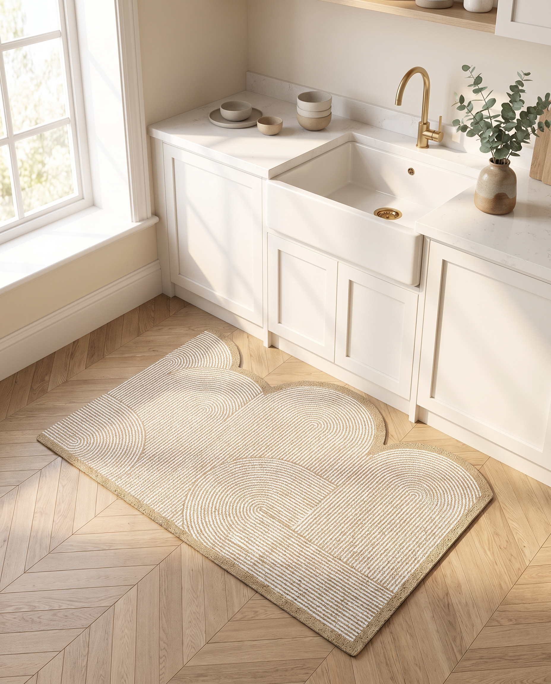 Arches door mat in front of a Scandinavian kitchen sink