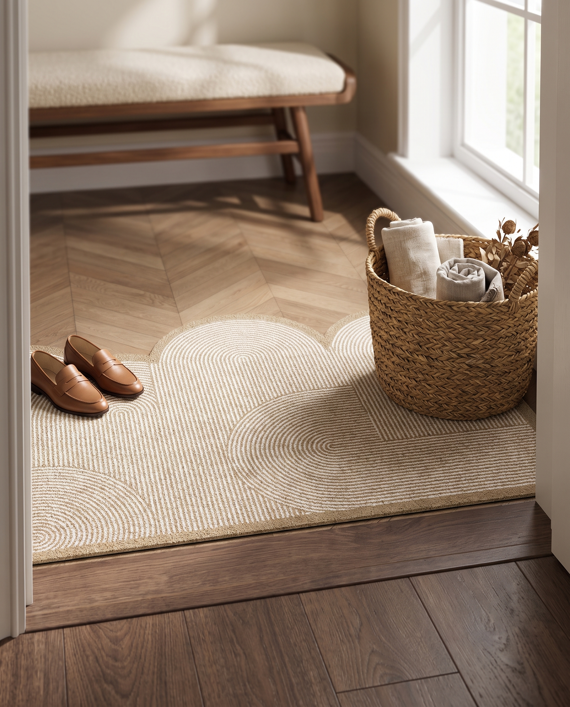 Arches door mat at an entryway threshold with a woven basket