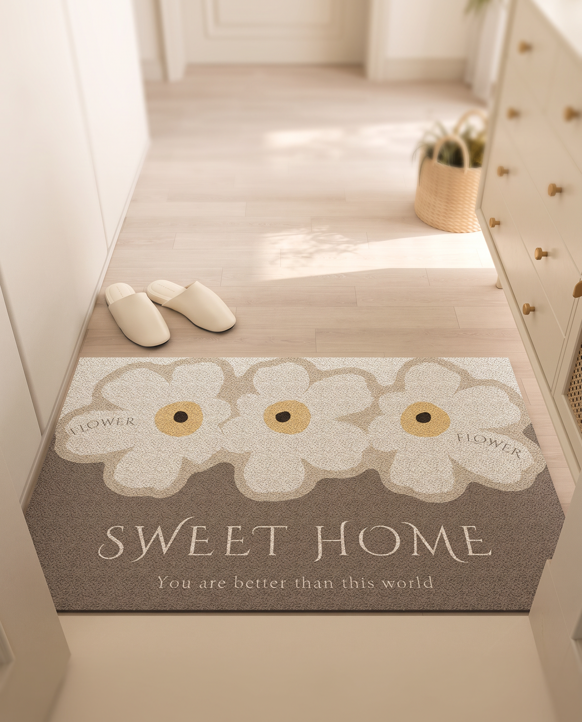 Daisy Sweet Home door mat in a cozy hallway with slippers