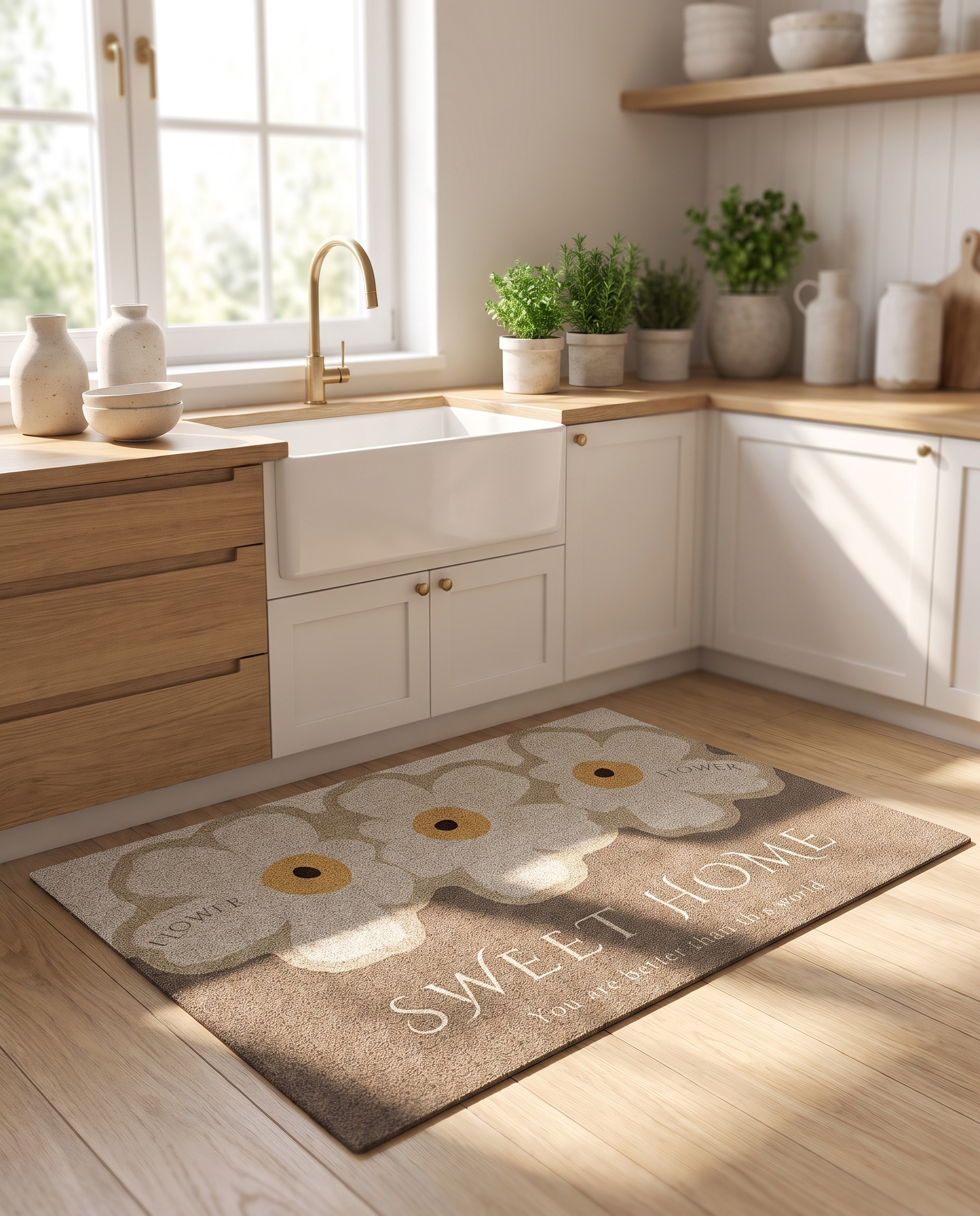 Daisy door mat in front of a bright kitchen sink