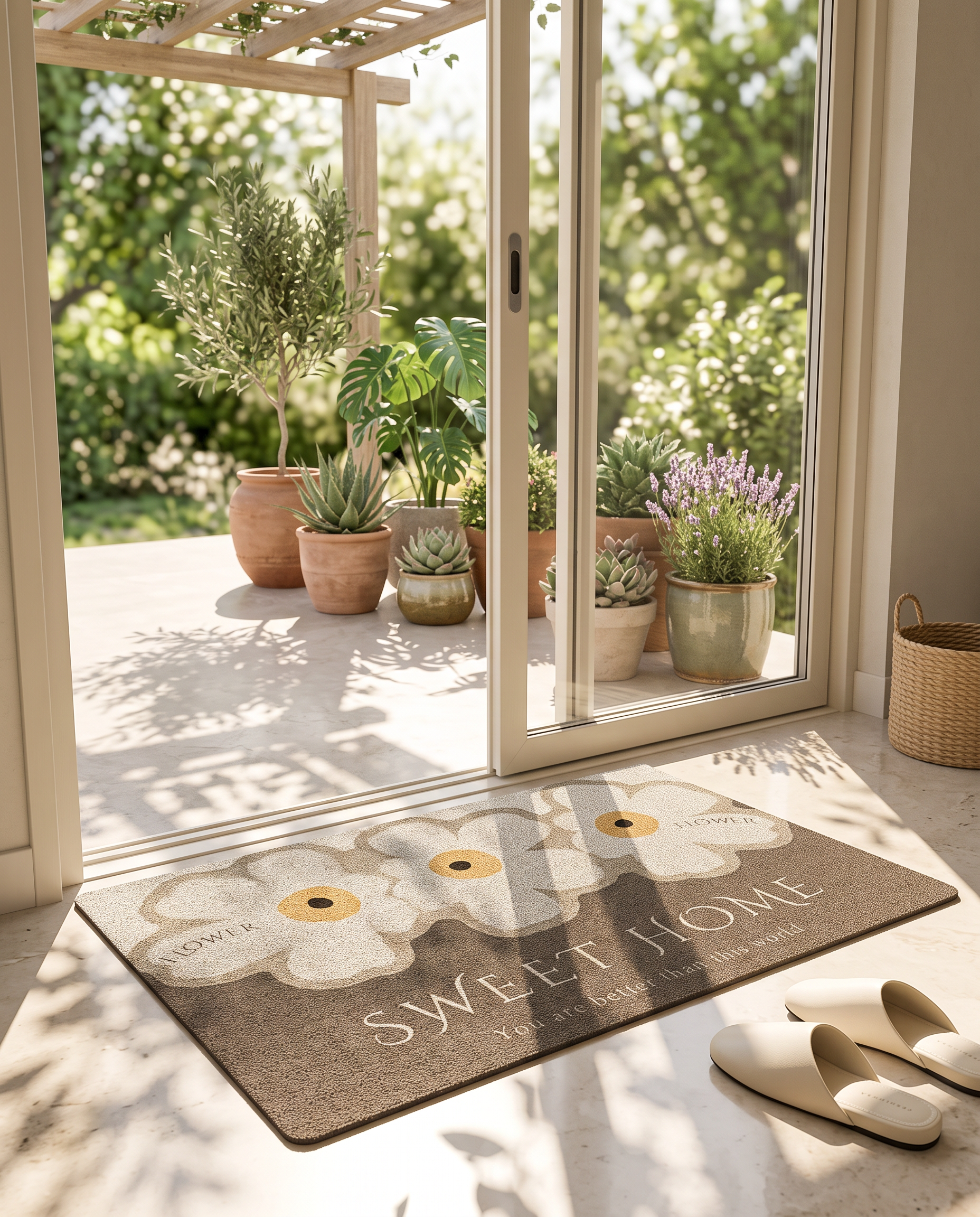 Daisy door mat at an indoor-outdoor terrace door