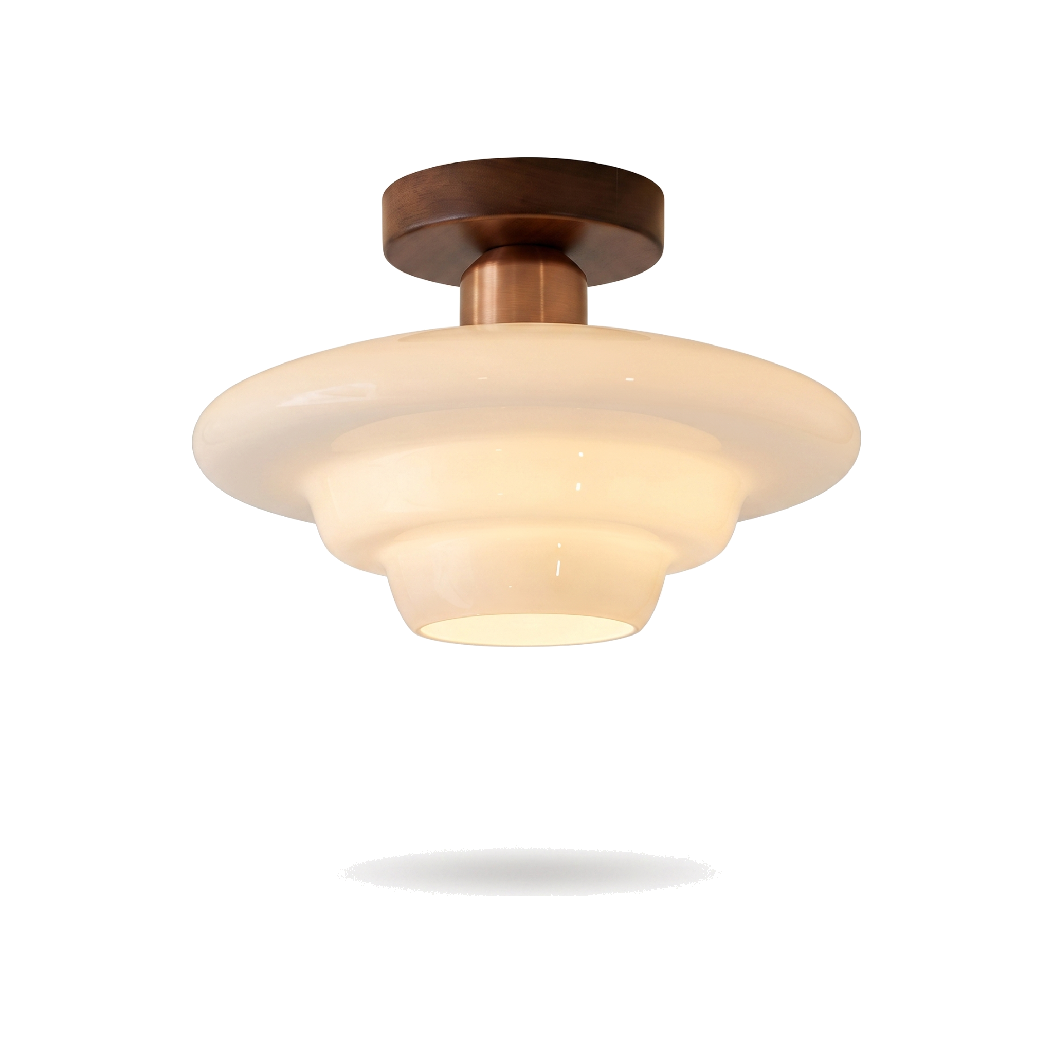 Walnut and glass ceiling lamp, tiered shade (A)