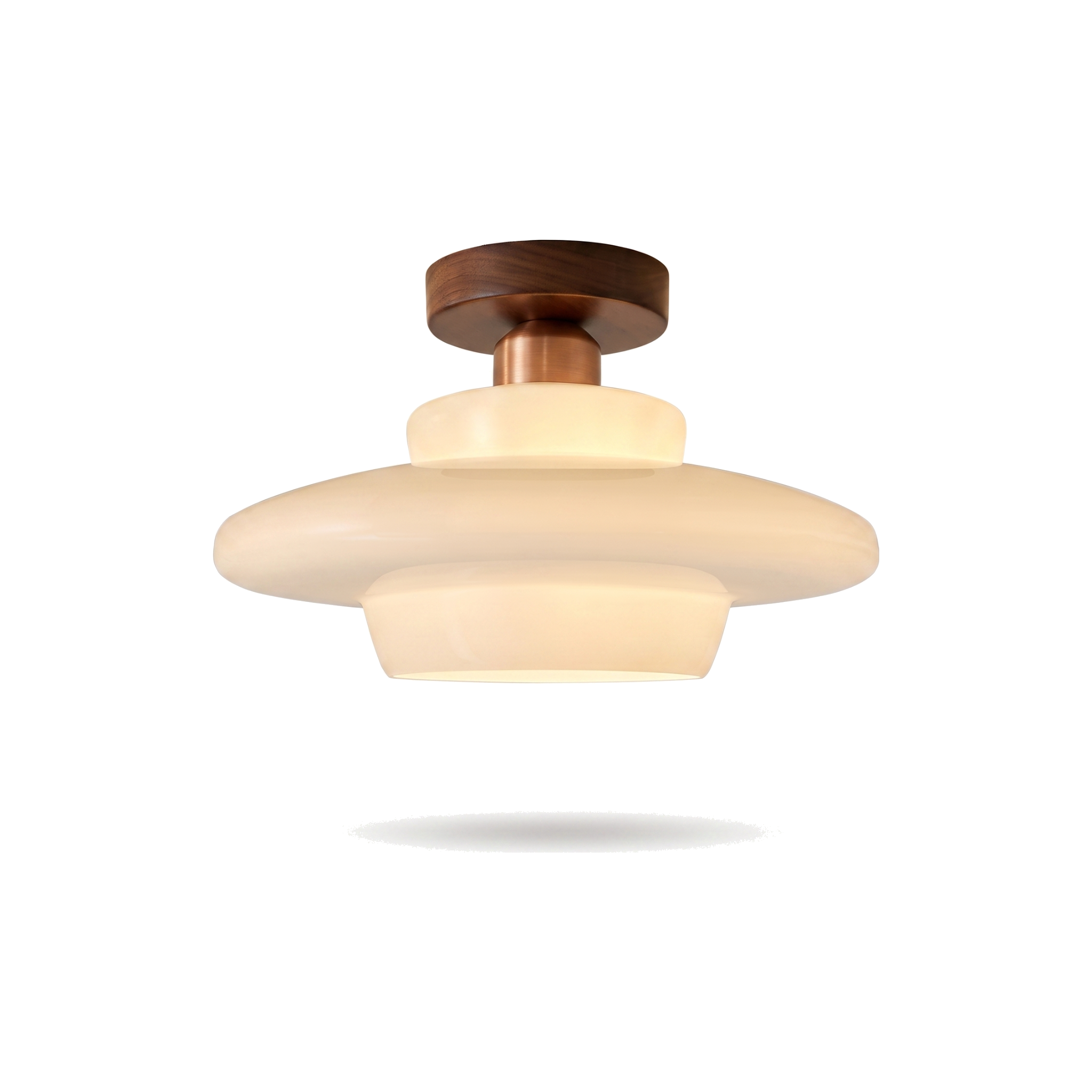 Walnut and glass ceiling lamp, flat saucer shade (C)