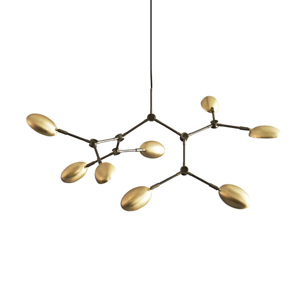 Ramo Goccia branch chandelier in brass, eight teardrop shades on dark bronze arms