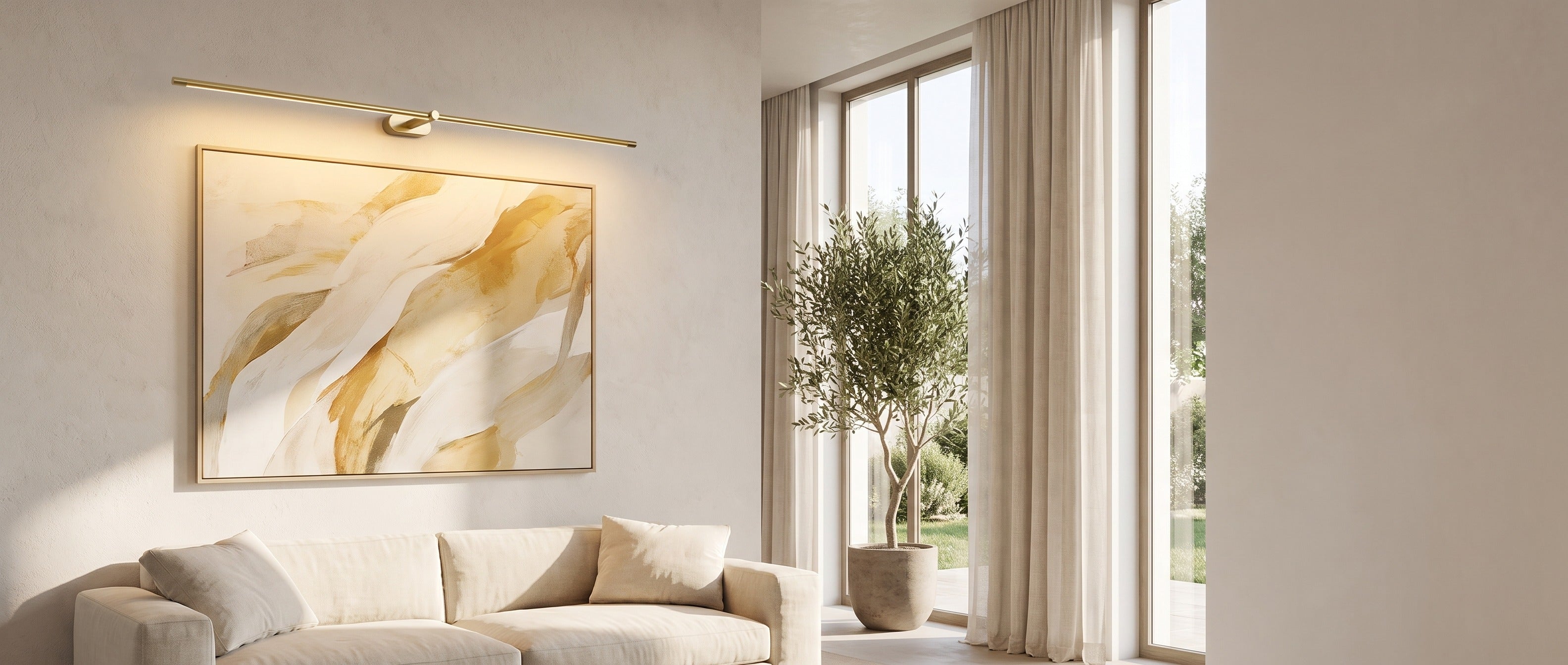 Gold cordless picture light over ochre abstract art in a sunlit living room