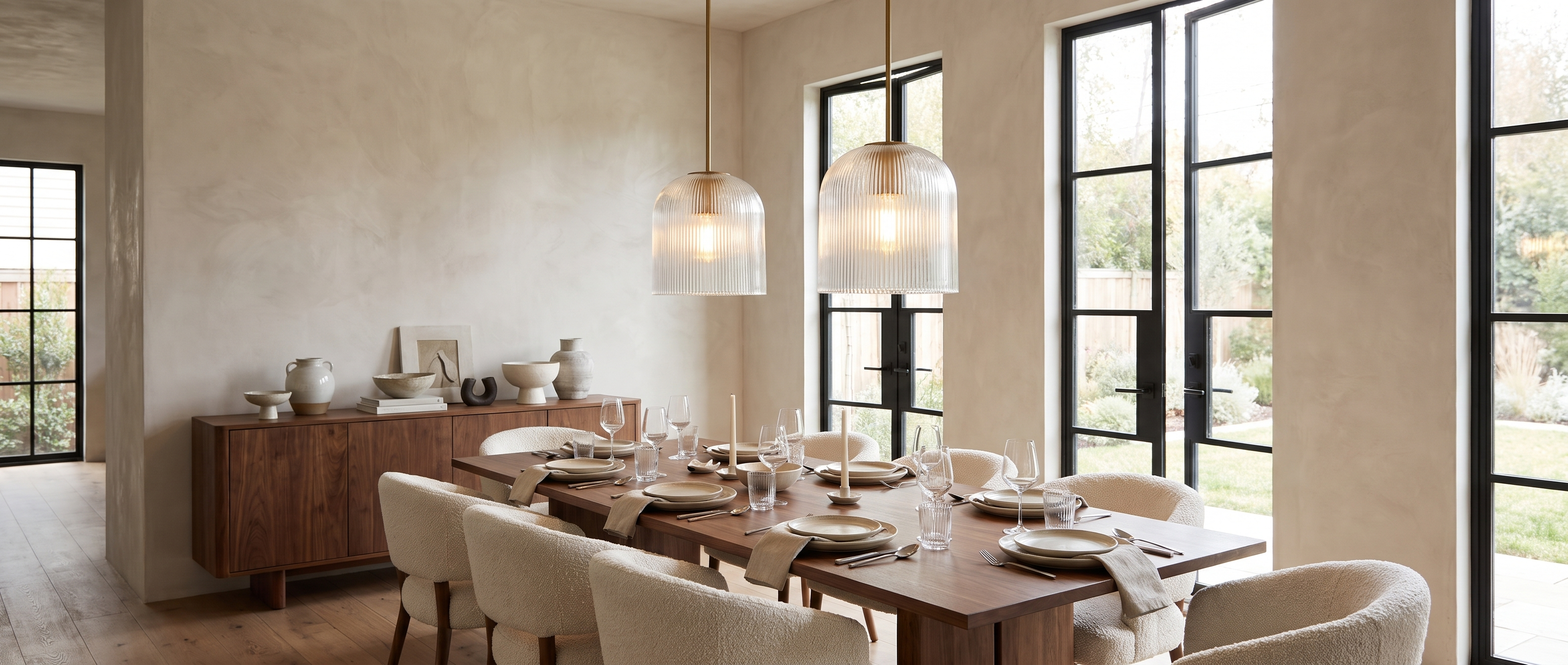 Two brass Rigata ribbed glass dome pendants over a long walnut dining table