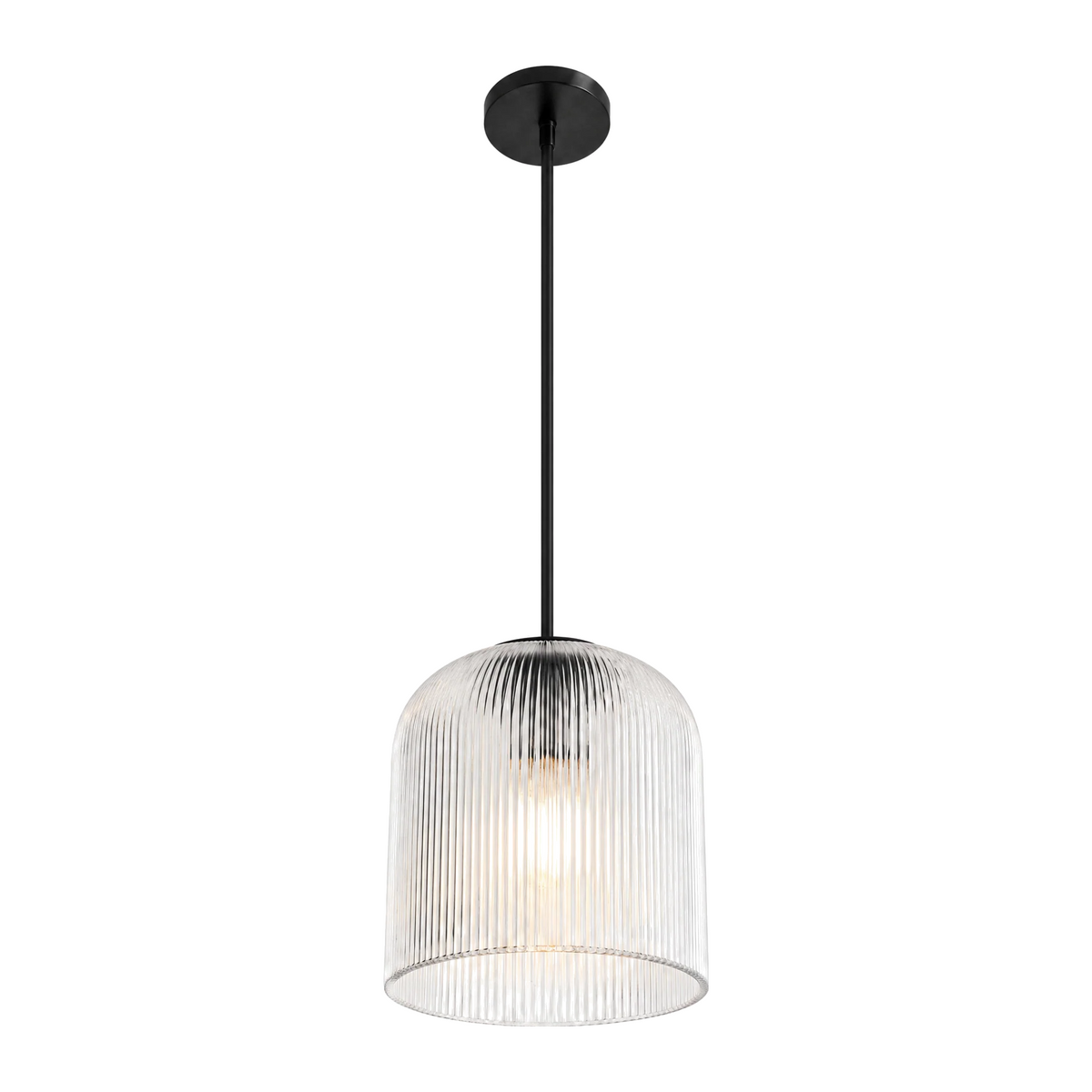 Rigata ribbed glass dome pendant, 14 in, black, lit, on white