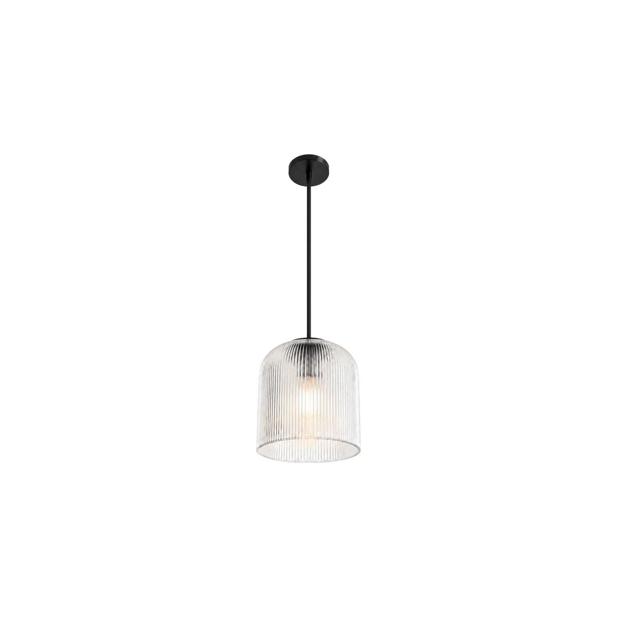 Rigata ribbed glass dome pendant, 5 in, black, lit, on white
