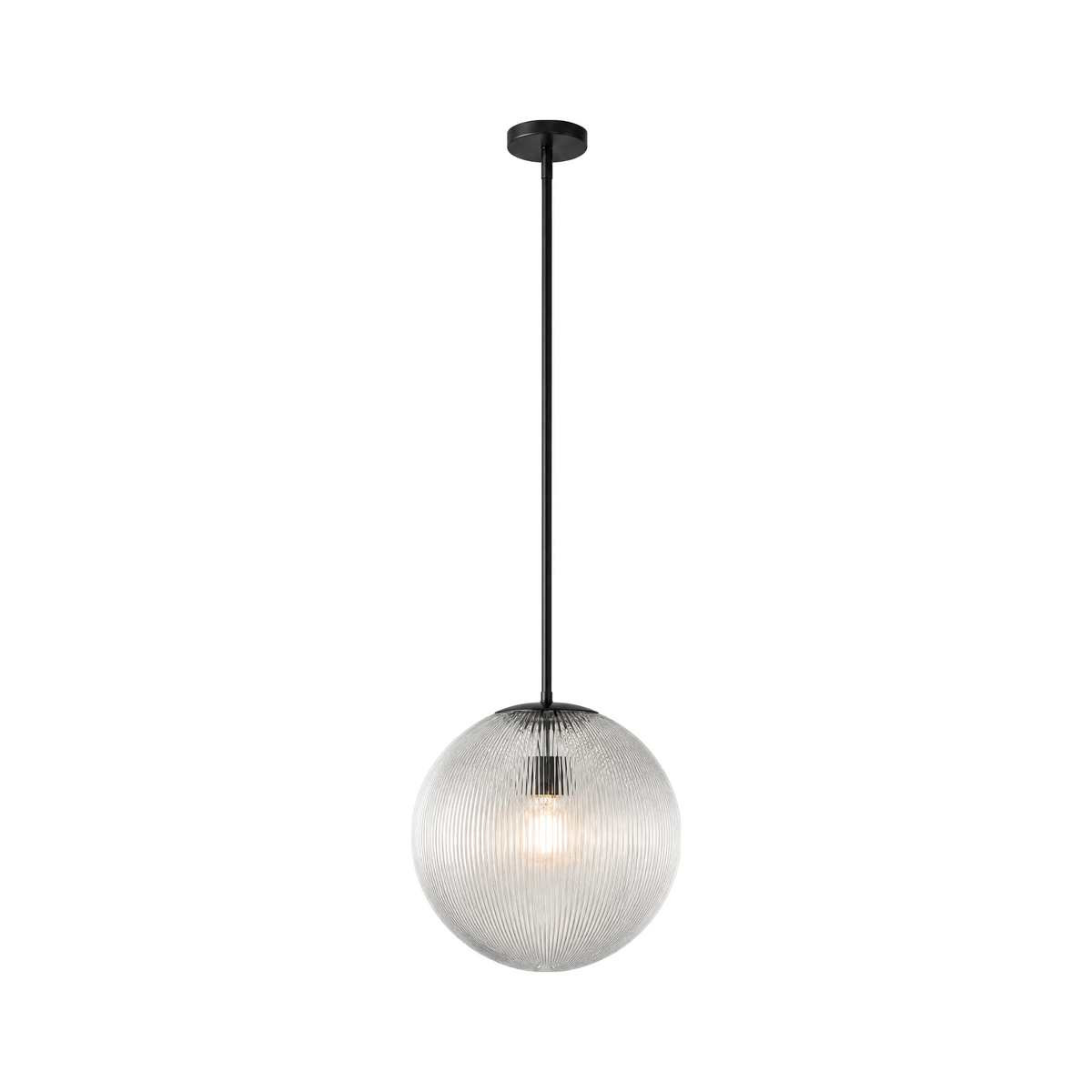 Rigata ribbed glass globe pendant, 14 in, black, lit, on white