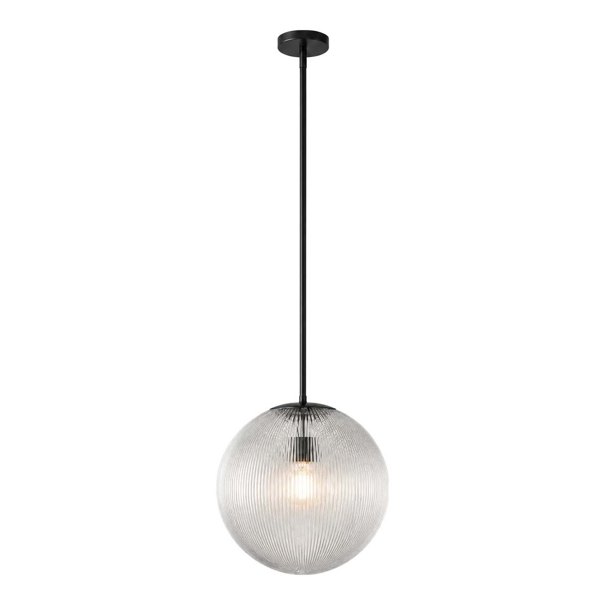 Rigata ribbed glass globe pendant, 16 in, black, lit, on white