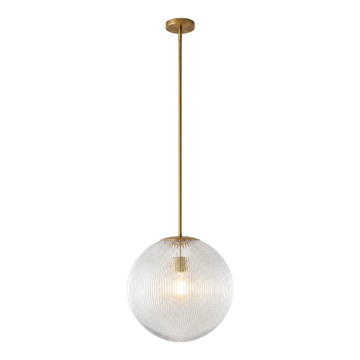Rigata ribbed glass globe pendant, 16 in, brass, lit, on white
