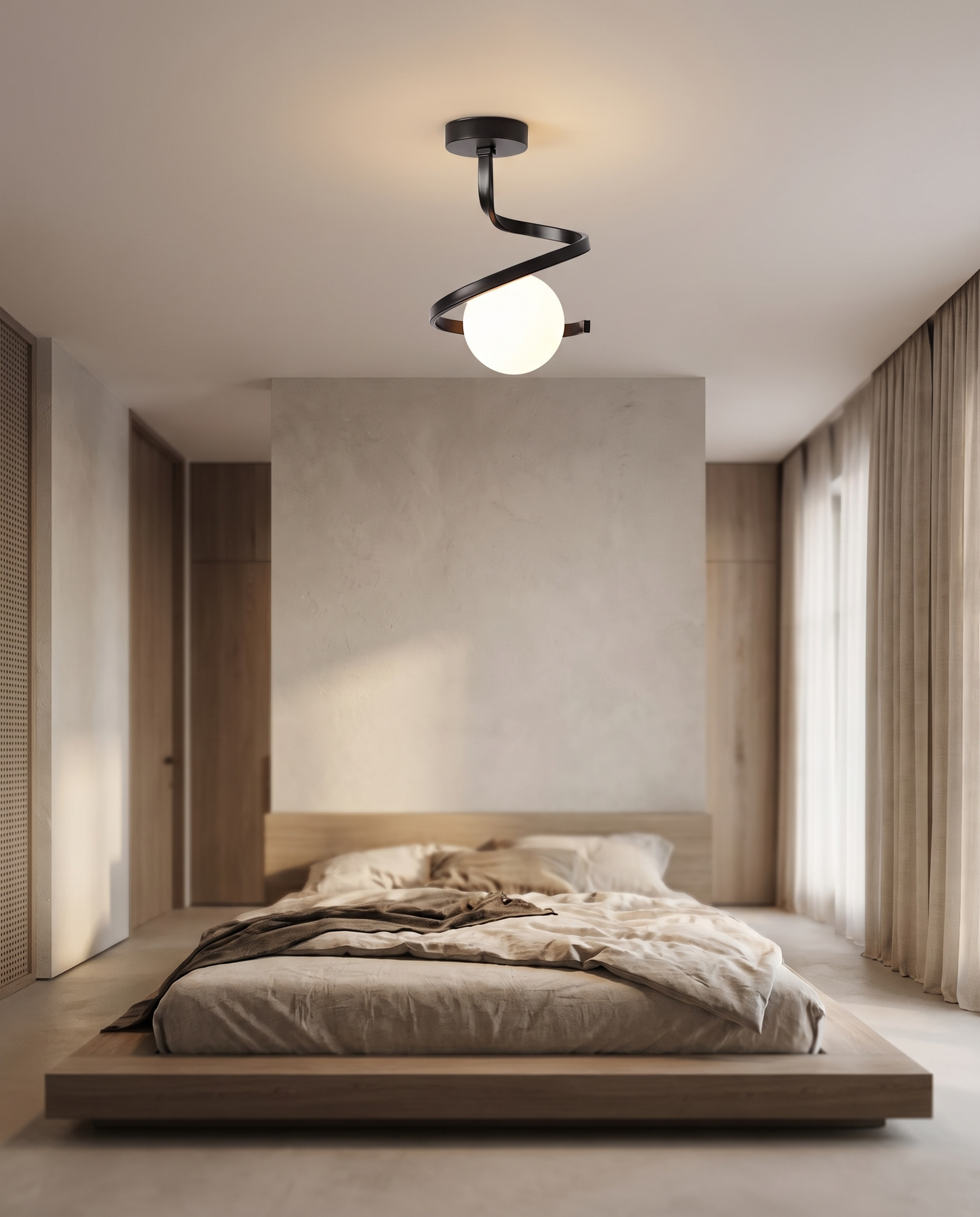 Spirale Lunare ceiling lamp high on the ceiling of a serene bedroom with a low platform bed