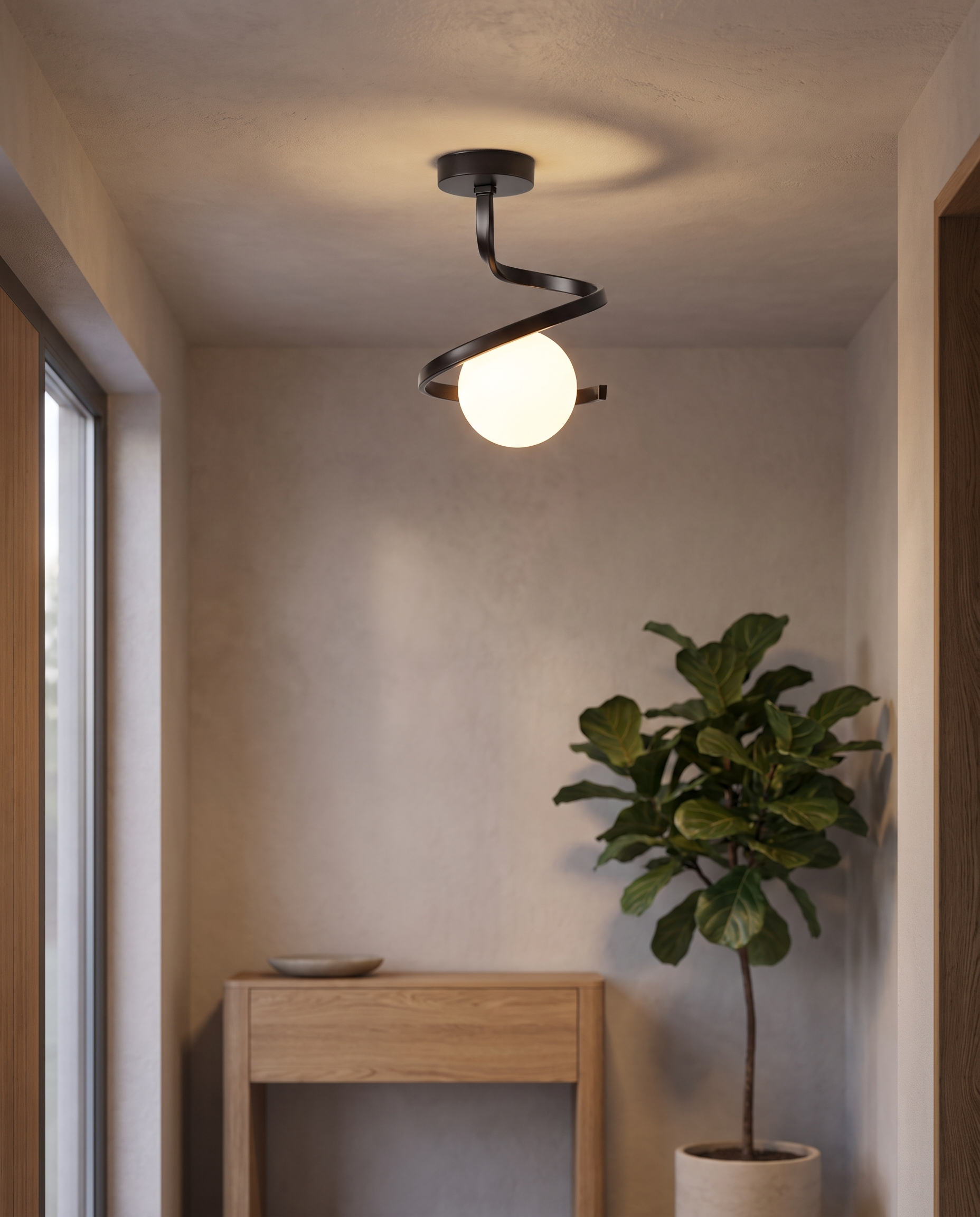 Spirale Lunare ceiling lamp glowing in a modern entryway