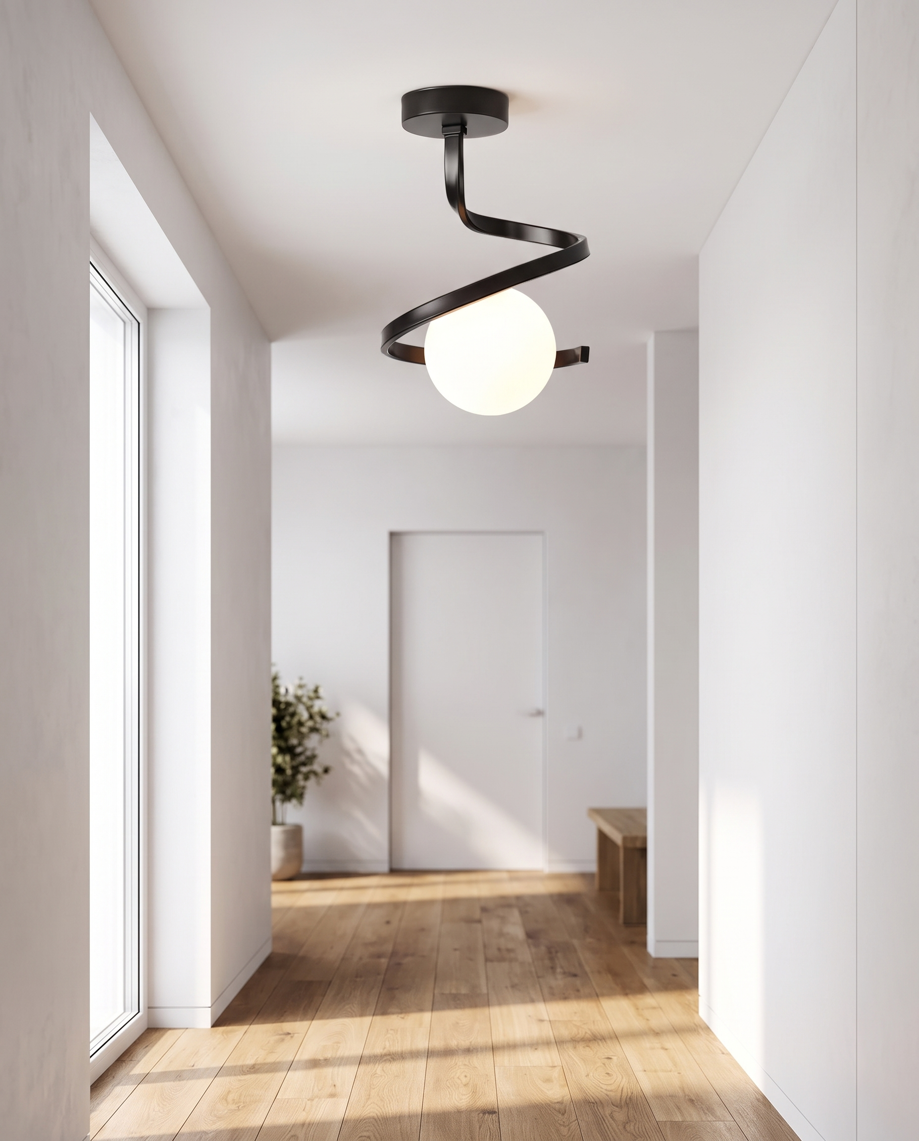 Spirale Lunare ceiling lamp in a bright Scandinavian hallway
