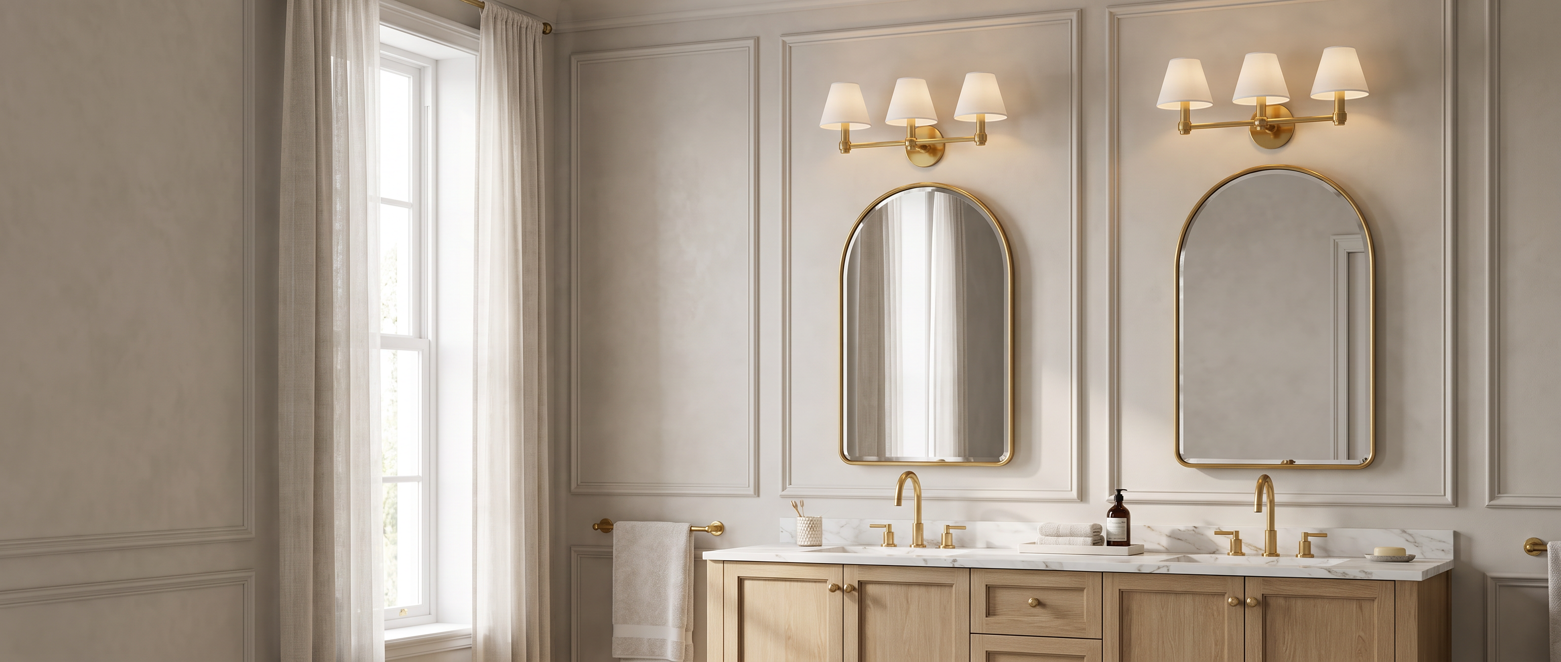 Two Terzetto brass vanity sconces with linen shades above arched mirrors on a double marble vanity