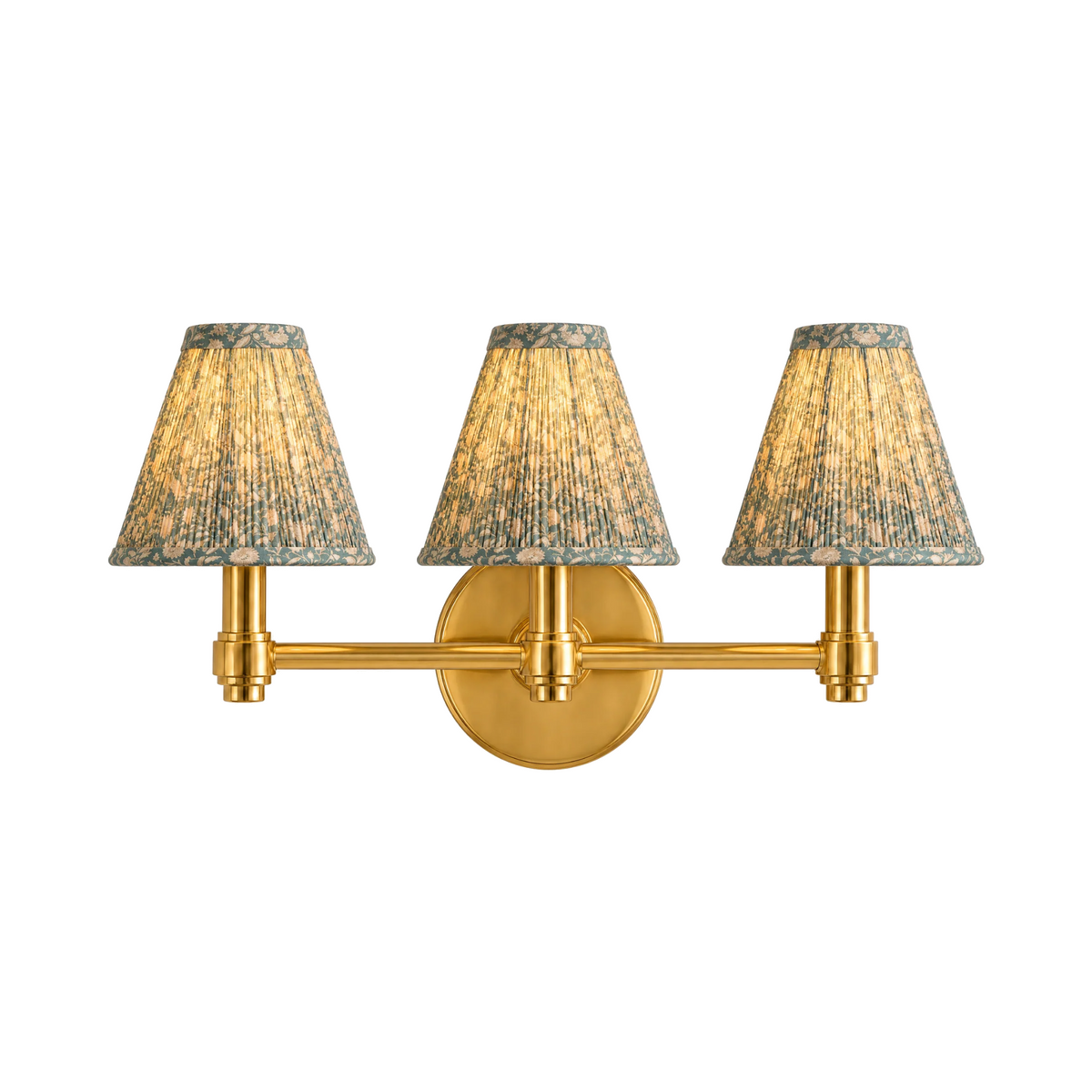 Terzetto 3-light vanity sconce, brass, green floral print shades