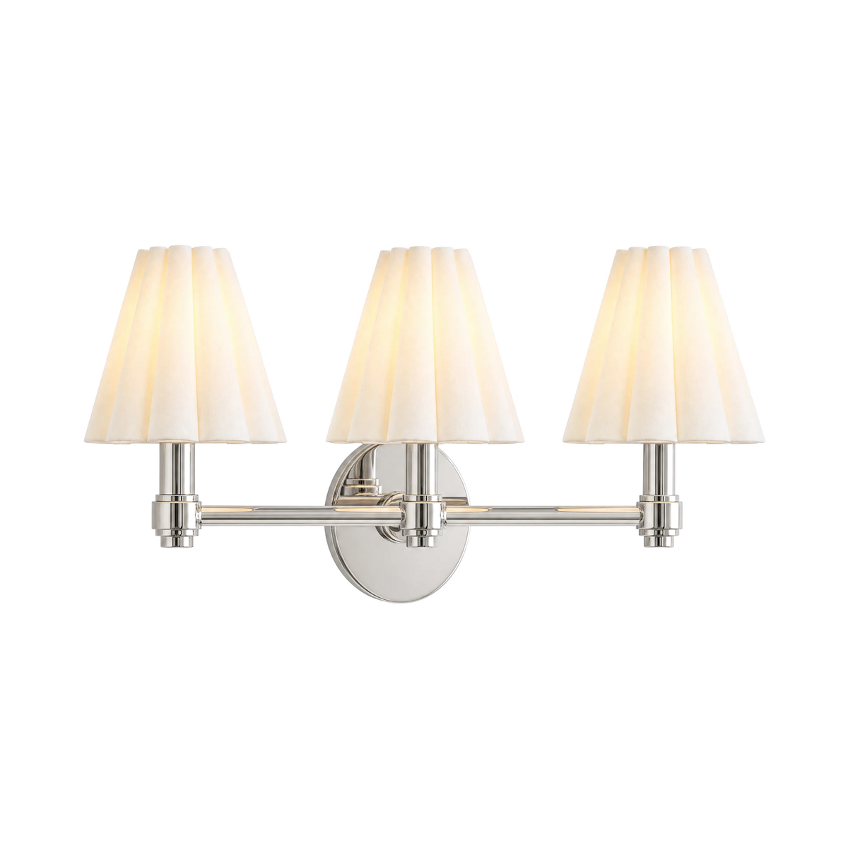 Terzetto 3-light vanity sconce, polished nickel, fluted pleat shades