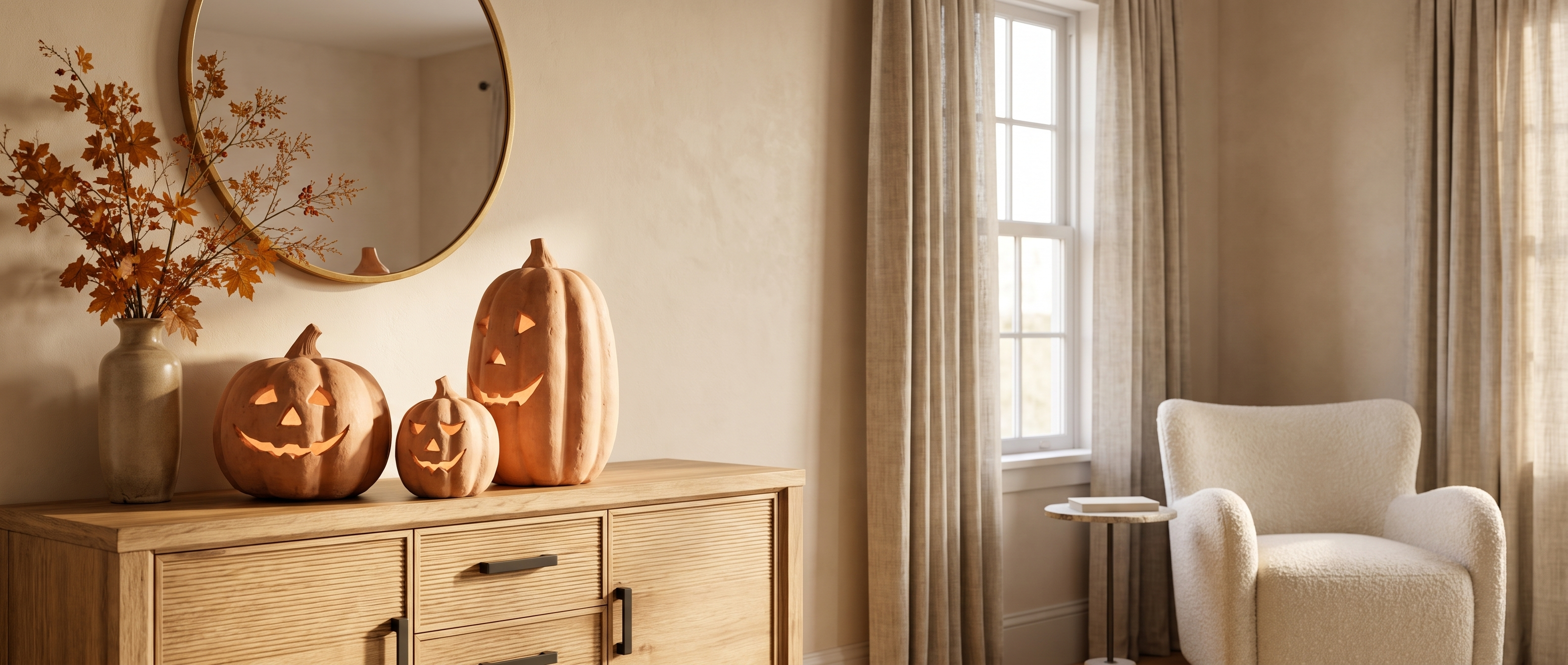 Zucca Toscana terracotta pumpkin lanterns on an oak sideboard in a sunlit living room