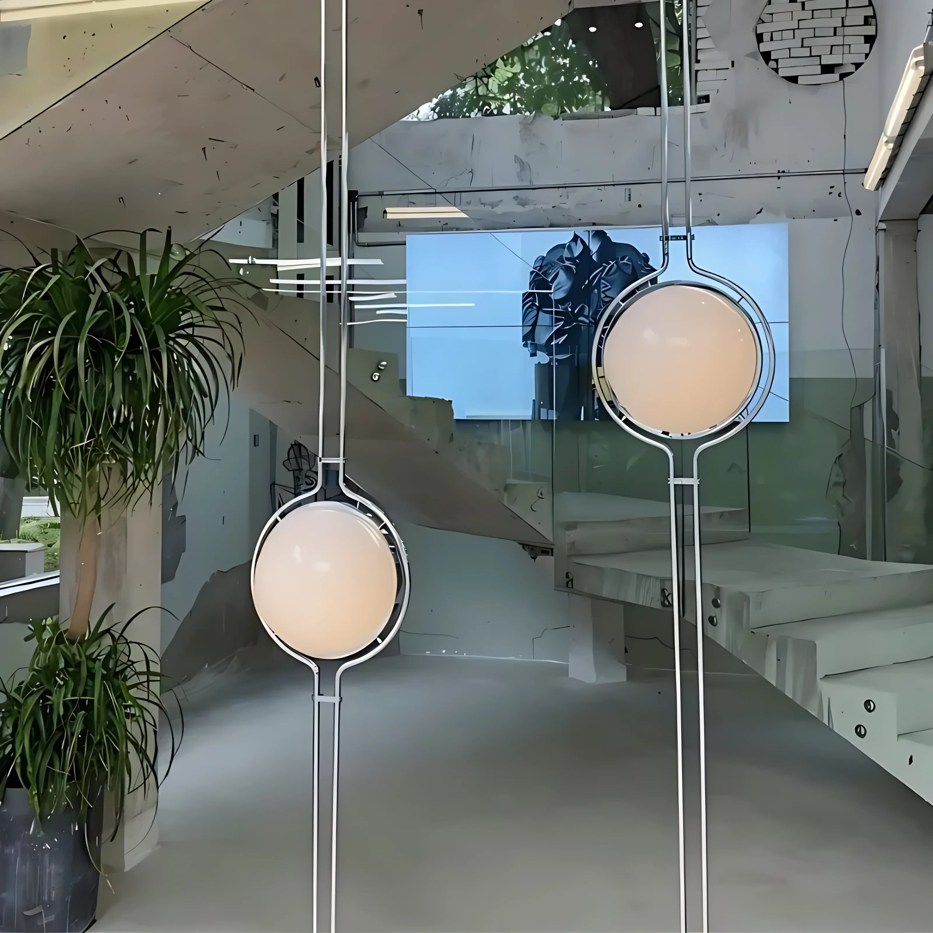 Chrome Sfera Sospesa floor-to-ceiling globe lamps in a modern loft